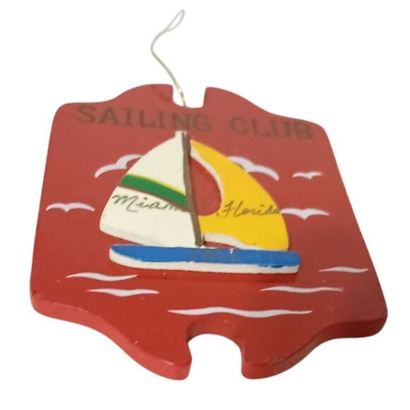 Vintage Miami Florida Ornament Christmas Wood Handpainted Sailboat Seagulls - Picture 6 of 11